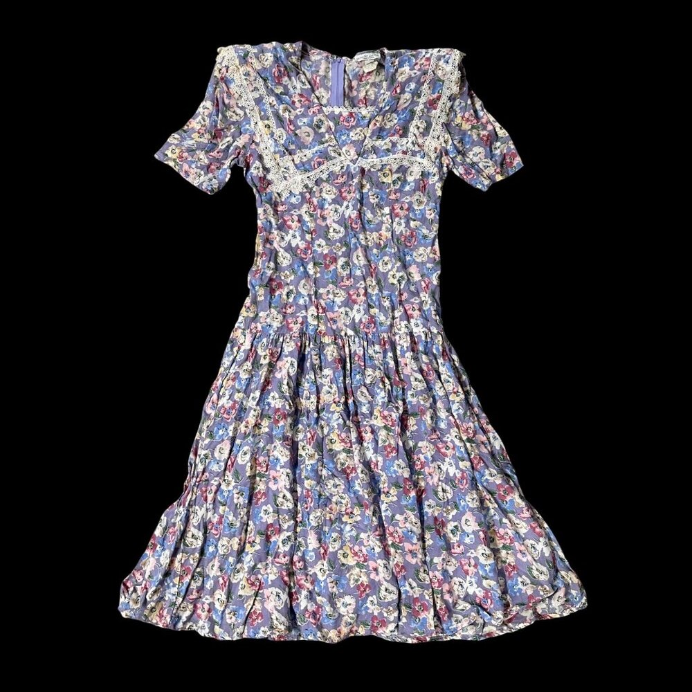 Vintage Floral Dress Lace Trim Shoulder Pads Pockets Lavender Blondie and Me 90s - Picture 2 of 10